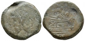 As circa 189-180, Æ 32mm., 25.69g. Laureate head of Janus; above, mark of value. Rev. Prow r.; above, bull r. and MD ligate. Before, mark of value and...