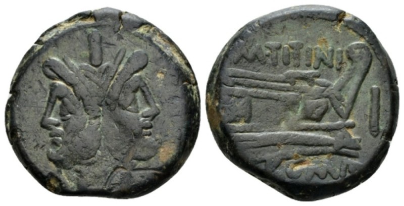 M. Titinius. As circa 189-180, Æ 31.5mm., 27.20g. Laureate head of Janus; above,...