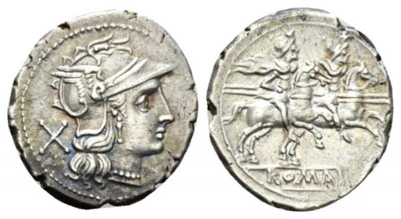 Sex. Quinctilius Denarius circa 189-180, AR 19mm., 3.65g. Helmeted head of Roma ...