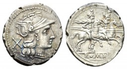 Sex. Quinctilius Denarius circa 189-180, AR 19mm., 3.65g. Helmeted head of Roma r., curls over shoulder; behind, X. Rev. The Dioscuri galloping r.; be...