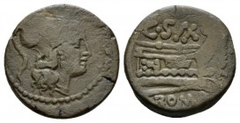 Triens circa 169-158, Æ 21.5mm., 7.34g. Helmeted head of Minerva r.; above, four pellets. Rev. Prow r.; above, C·SAX ligate and before, four pellets. ...