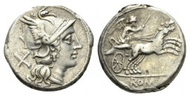 Denarius circa 157-156, AR 18.5mm., 4.14g. Helmeted head of Roma r.; behind X. Rev. Victory in prancing biga r.; in exergue, ROMA. Sydenham 376. RBW 8...