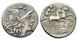 L. Saufeius. Denarius 152, AR 17.5mm., 3.90g. Helmeted head of Roma r.; behind, X. Rev. Victory in prancing r.; below, L·SAVF and in exergue, ROMA. Ba...