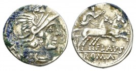 Decimius Flavus. Denarius 150, AR 18mm., 3.02g. Helmeted head of Roma r.; behind, X. Rev. Victory in biga prancing r.; below, FLAVS and ROMA in partia...