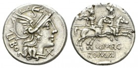 Q. Marcius Libo. Denarius 148, AR 19mm., 3.88g. Helmeted head of Roma r., behind, LIBO and below chin, X. Rev. The Dioscuri galloping r.; below horses...