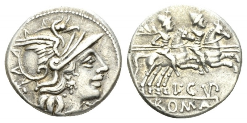 L. Cupiennus. Denarius 147, AR 18mm., 3.85g. Helmeted head of Roma r.; behind, c...