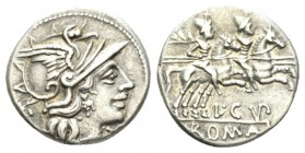 L. Cupiennus. Denarius 147, AR 18mm., 3.85g. Helmeted head of Roma r.; behind, cornucopiae and below chin, X. Rev. The Dioscuri galloping r.; below ho...