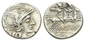M. Iunius. Denarius 145, AR 17mm., 3.55g. Helmeted head of Roma r.; behind, X. Rev. The Dioscuri galloping r.; below, M·IVNI and ROMA in partial table...