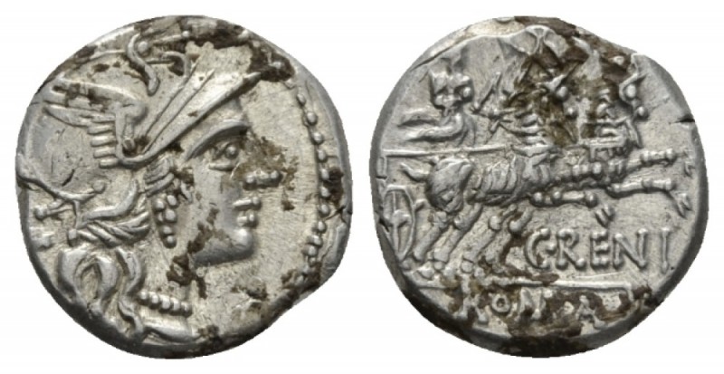 C. Renius. Denarius 138, AR 16.5mm., 3.61g. Helmeted head of Roma r.; behind, X....