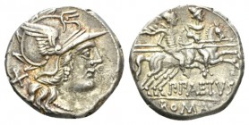 P. Paetus. Denarius 138, AR 19.5mm., 4.09g. Helmeted head of Roma r.; behind, X. Rev. The Dioscuri galloping r.; below, P·PAETVS and in exergue, ROMA....