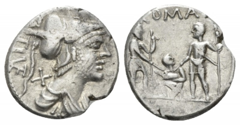 Denarius 137, AR 18.5mm., 3.91g. TI ·VET ligate Helmeted and draped bust of Mars...