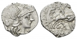 Sex. Pompeius. Denarius 137, AR 20.5mm., 3.75g. Helmeted head of Roma r.; below chin, X. In l. field, jug. Rev. SEX.P FOSTLVS She-wolf suckling twins;...