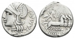 M. Baebius Q.f. Tampilus. Denarius 137, AR 18mm., 3.80g. Helmeted head of Roma l., wearing necklace of beads; below chin, X. Behind, TAMPIL. Rev. Apol...
