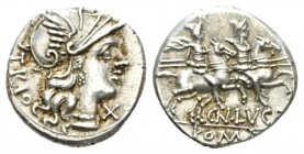 Cn. Lucretius Trio. Denarius 136, AR 17.5mm., 3.98g. Helmeted head of Roma r.; below chin, X and behind, TRIO. Rev. The Dioscuri galloping r., below, ...