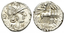 L. Antestius Gragulus. Denarius 136, AR 19mm., 3.90g. Helmeted head of Roma r.; below chin, * and behind, GRAG. Rev. Jupiter in fast quadriga r., hurl...
