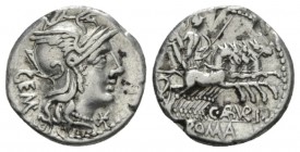 C. Aburius Geminus. Denarius 134, AR 18.5mm., 3.71g. Helmeted head of Roma r.; below chin, * and behind, GEM. Rev. Mars in quadriga r., holding spear,...
