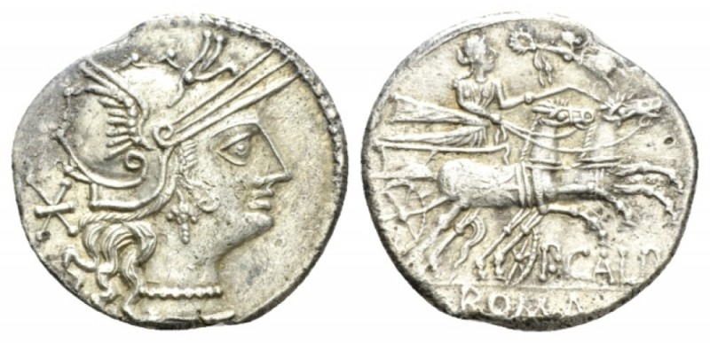 P. Calpurnius. Denarius 133, AR 22.5mm., 3.78g. Helmeted head of Roma r.; behind...