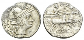 P. Calpurnius. Denarius 133, AR 22.5mm., 3.78g. Helmeted head of Roma r.; behind, *. Rev. Goddess, crowned by Victory, in prancing biga r.; below hors...