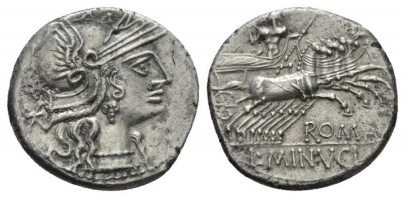 L. Minucius. Denarius 133, AR 20mm., 3.76g. Helmeted head of Roma r.; behind, *....