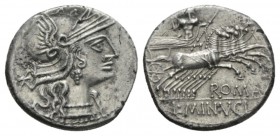 L. Minucius. Denarius 133, AR 20mm., 3.76g. Helmeted head of Roma r.; behind, *. Rev. Jupiter in prancing quadriga r., hurling thunderbolt and holding...