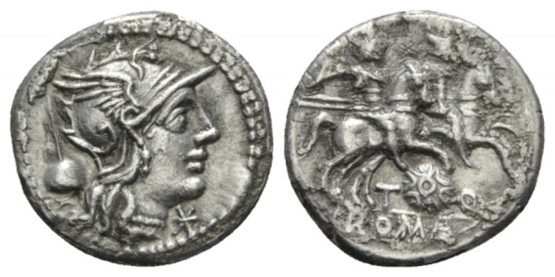 T. Quinctius Flamininus. Denarius 126, AR 19.5mm., 3.48g. Helmeted head of Roma ...