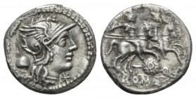T. Quinctius Flamininus. Denarius 126, AR 19.5mm., 3.48g. Helmeted head of Roma r.; behind, apex and before, *. Rev. The Dioscuri galloping r.; below,...