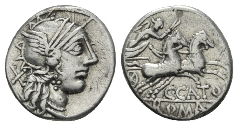 C. Porcius Cato. Denarius 123, AR 17.5mm., 3.87g. Helmeted head of Roma r.; behi...