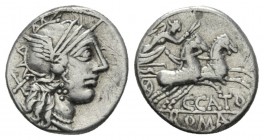 C. Porcius Cato. Denarius 123, AR 17.5mm., 3.87g. Helmeted head of Roma r.; behind, X. Rev. Victory in fast biga r.; below horses, C·CATO and in exerg...
