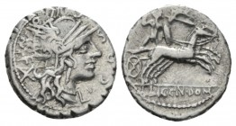 L. Licinius Crassus, Cn. Domitius Ahenobarbus and associates. Denarius serratus Narbo 118, AR 18.5mm., 3.74g. L·COSCO·M·F Helmeted head of Roma r.; be...