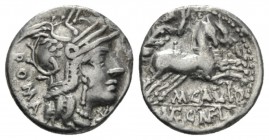 M. Calidius, Q. Metellus and Cn. Fulvius Denarius 117 or 116, AR 18mm., 3.74g. Helmeted head of Roma r.; behind, *. Rev. Victory in prancing quadriga ...