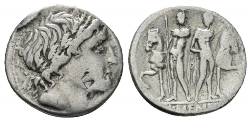 L. Memmius. Denarius 109 or 108, AR 20mm., 3.81g. Male head r., wearing oak-wrea...