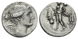 L. Valerius Flaccus. Denarius 108 or 107,, AR 18mm., 3.77g. Draped bust of Victory r.; below chin, *. Rev. L•VALERI / FLACCI Mars walking l., holding ...