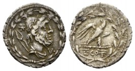 L. Aurelius Cotta Denarius serratus 105, AR 19.5mm., 3.80g. Draped bust of Vulcan r., wearing cap bound with laurel wreath, tongs over shoulder; below...