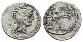 M. Lucilius Rufus. Denarius 101, AR 20mm., 3.79g. Helmeted head of Roma r.; behind, PV. All within laurel wreath. Rev. RVF Victory in biga r., holding...