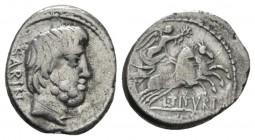 L. Tituri L.f. Sabinus. Denarius 89, AR 17mm., 3.53g. SABIN Head of King Tatius r. Rev. Victory in biga r., holding wreath; below, L·TITVRI and in exe...