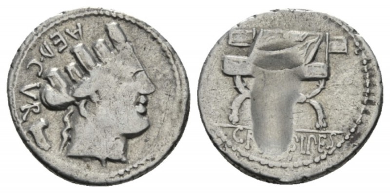 P. Fourius Crassipes Denarius 84, AR 20.5mm., 3.72g. AED·CVR Turreted head of Cy...