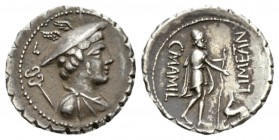 C. Mamilius Limetanus. Denarius serratus 82, AR 19mm., 3.93g. Draped bust of Mercury r., wearing winged petasus; caduceus over l. shoulder; in upper l...
