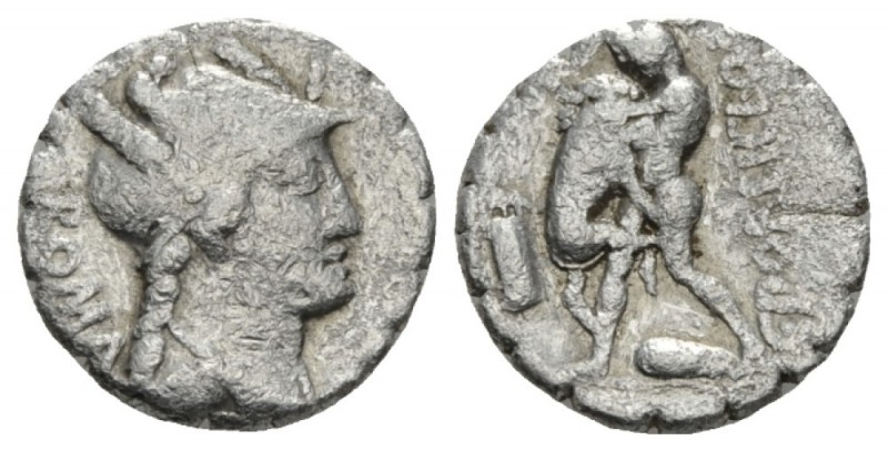 C. Poblicius Q. f. Denarius serratus 80, AR 17mm., 3.64g. Helmeted and draped bu...