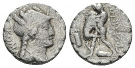 C. Poblicius Q. f. Denarius serratus 80, AR 17mm., 3.64g. Helmeted and draped bust of Roma r.; behind, ROMA and above, T. Rev. Hercules strangling the...