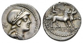 M. Volteius M.f. Denarius Denarius 78, AR 18.5mm., 3.71g. Draped male bust r., wearing laureate helmet; behind, symbol. Rev. Cybele in biga of lions r...