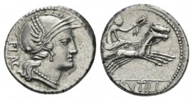L. Rutilius Flaccus. Denarius 77, Ar 17mm., 3.81g. FLAC Helmeted head of Roma r. Rev. Victory in biga r., holding reins and wreath; in exergue, L·RVTI...