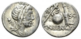 Cn. Cornelius Lentulus. Denarius Spain (?) 76-75, AR 18.5mm., 3.57g. Draped bust of the Genius Populi Romani r., hair tied with band and sceptre over ...