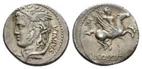 C. Cossutius C.f. Sabula. Denarius 74, AR 18.5mm., 4.01g. SABVLA Head of Medusa l. Rev. Bellerophon on Pegasus r., brandishing spear with r. hand; bel...