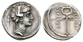 M. Plaetorius M.f. Cestianus. Denarius 69, AR 18.5mm., 3.61g. Draped female bust r., hair decorated with poppy- heads; behind, jug. Rev. M·PLAETORI – ...