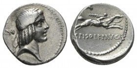 C. Piso L.f. Frugi Denarius 61, AR 18mm., 4.16g. Laureate head of Apollo r.; behind, symbol. Rev. C PISO L F FRVG Naked horseman galloping r., carryin...
