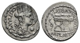 M. Plaetorius M. f. Caestianus. Denarius 67, AR 18.5mm., 4.04g. CESTIANVS Bust of Cybeles r.; behind, forepart of lion. Before chin, globe. All within...