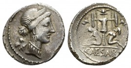 Denarius Spain 46-45, AR 18mm., 3.91g. Diademed head of Venus r.; behind, Cupid. Rev. Two captives seated at sides of trophy with oval shield and carn...