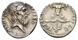 Sextus Pompeius. Denarius Sicily 37-36, AR 18.5mm., 4.00g. MAG PI – VS IMP ITER Head of Neptune r., hair tied with band with trident over shoulder. Re...