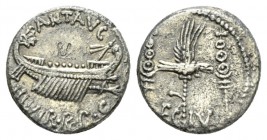 Marcus Antonius. Denarius mint moving with M. Antony 32-31, AR 15mm., 3.33g. ANT·AVG – III·VIR·R·P·C Galley r., with sceptre tied with fillet on prow....