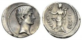 Octavian, 32 – 27 BC Denarius Brundisium or Roma 32-29 BC, AR 20mm., 3.49g. Bare head r. Rev. CAESAR – DIVI F Pax standing l., holding olive-branch an...